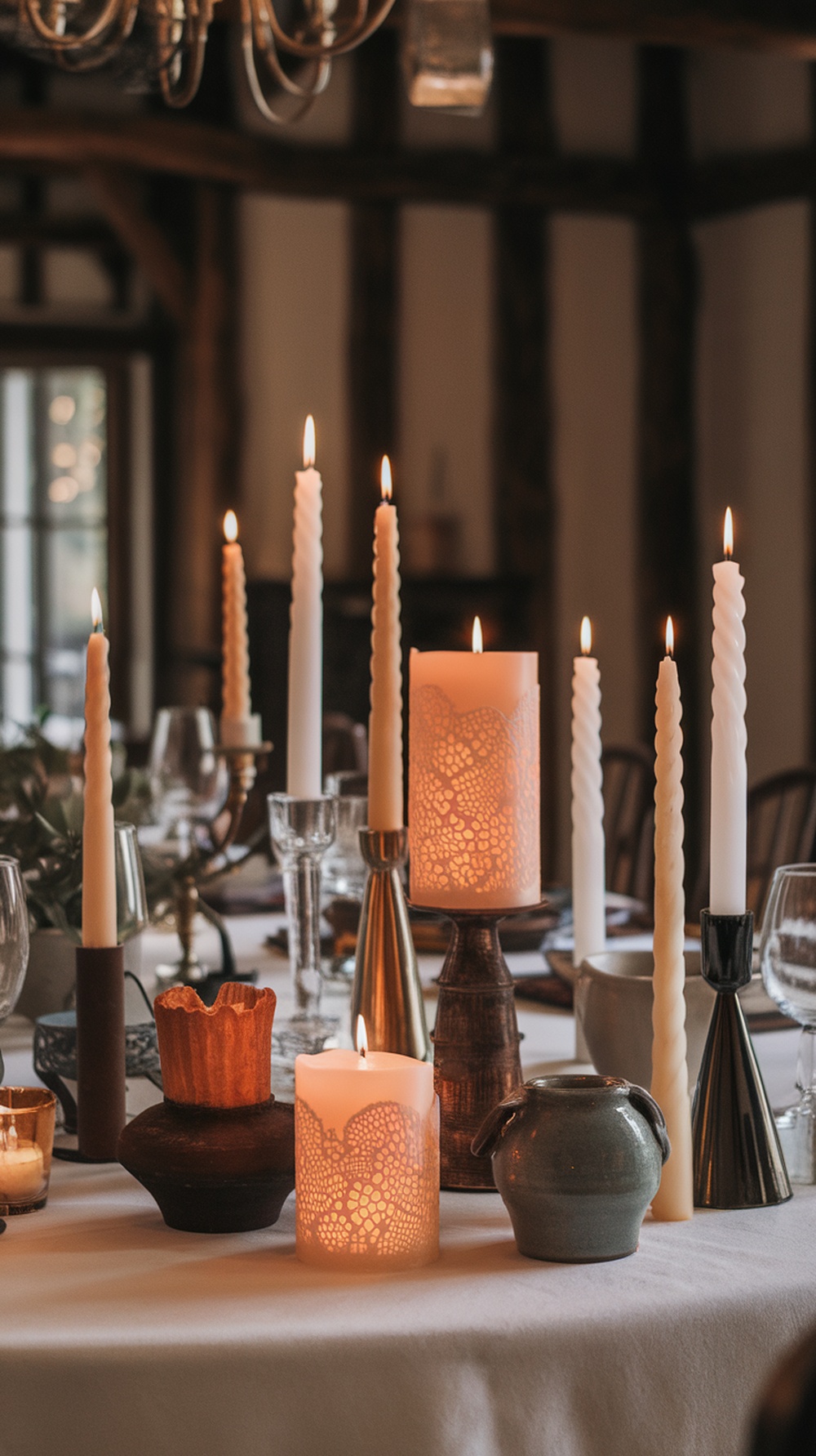 A variety of candles arranged on a table, showcasing different heights and styles, creating a cozy atmosphere.