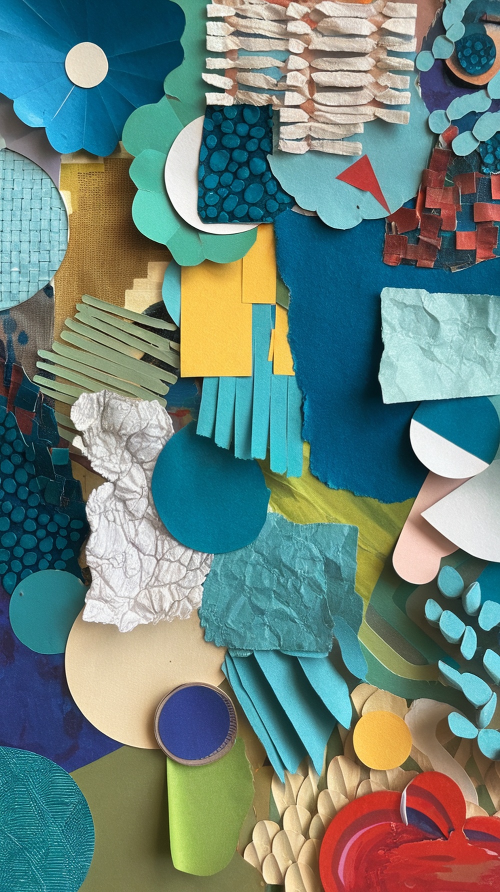 A colorful and textured paper collage featuring various shapes and materials.