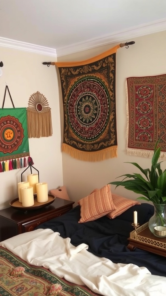 Cozy bedroom with colorful wall hangings and a neatly made bed.