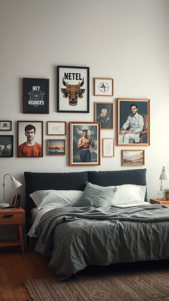 A cozy bedroom featuring a gallery wall with various framed artworks above a neatly made bed.