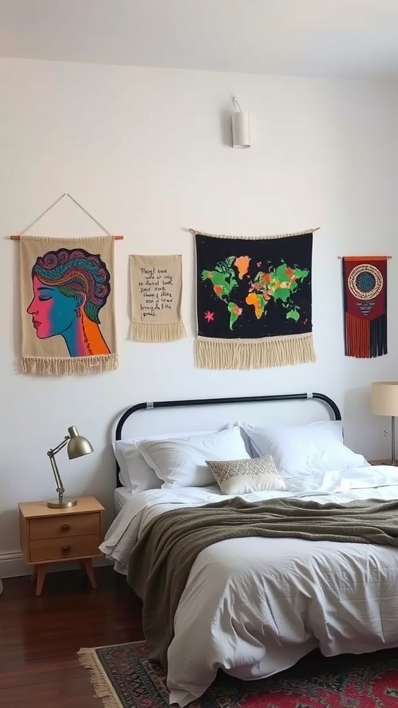 A cozy bedroom featuring artistic wall hangings, including a colorful tapestry of a woman's face, a quote on fabric, a world map tapestry, and a decorative piece with fringe.