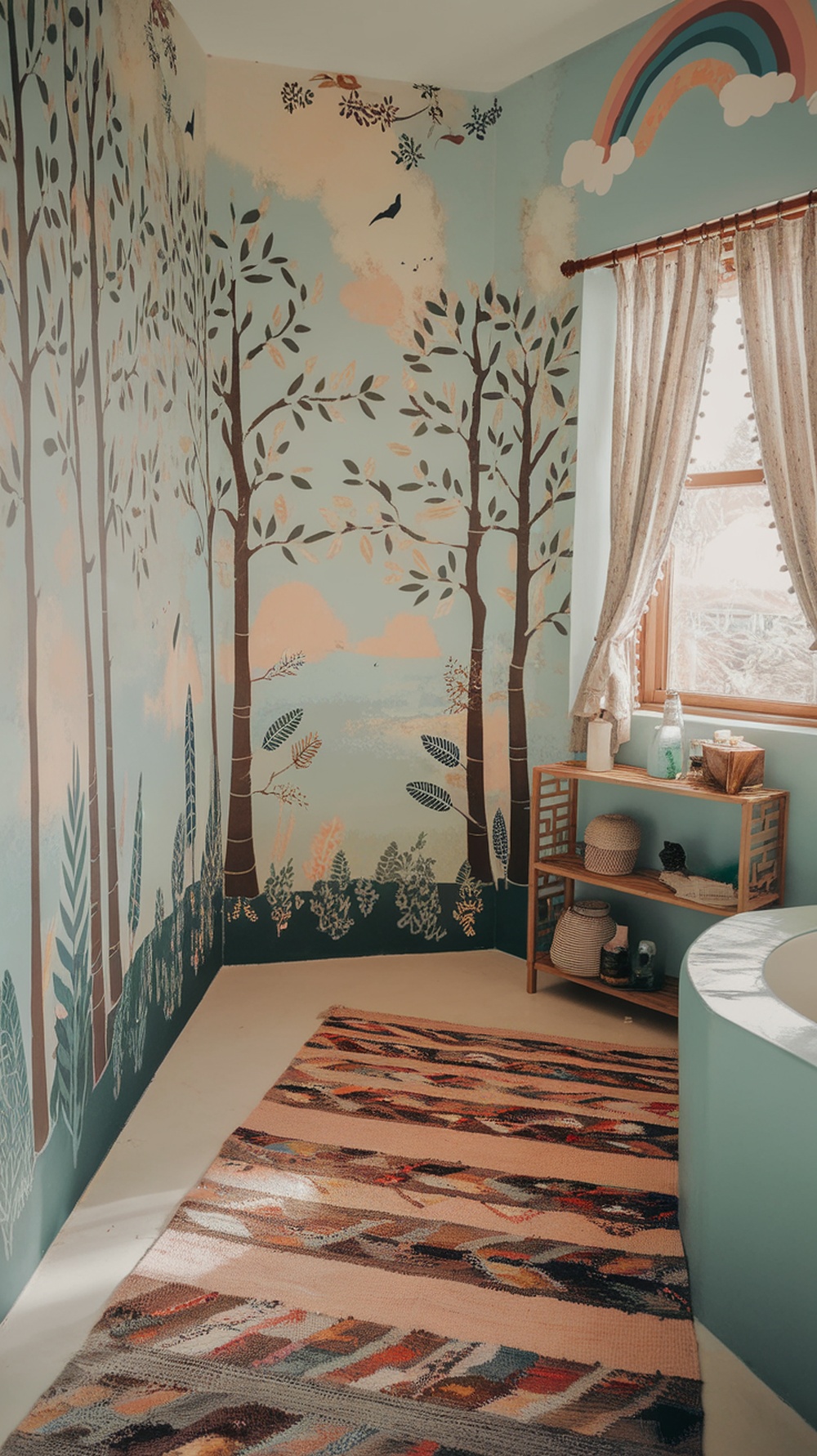 A boho bathroom with artistic wall murals of trees and leaves, featuring a rainbow and a cozy rug.