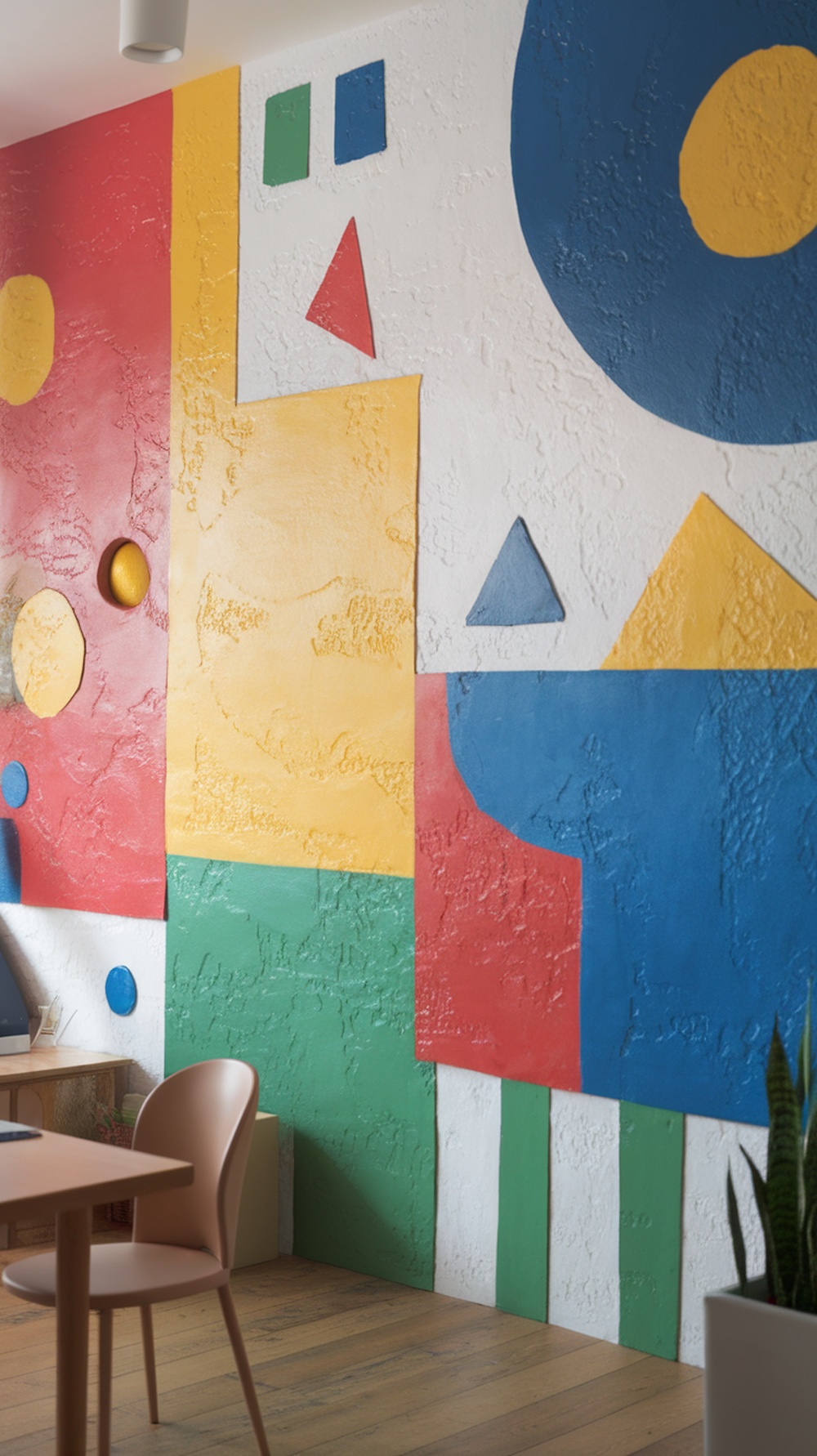 A colorful wall mural featuring geometric shapes in red, yellow, blue, and green.