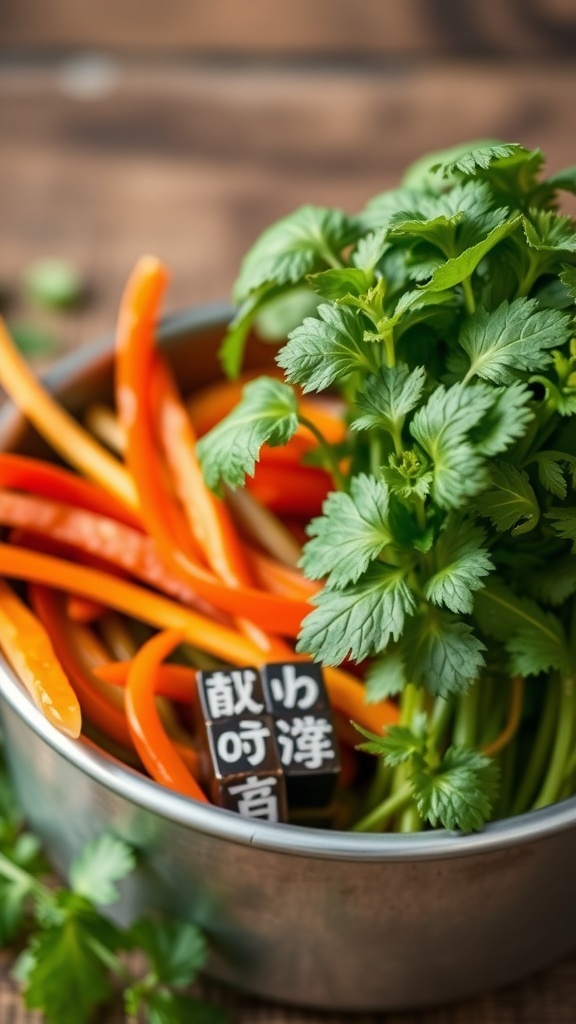 A container with fresh cilantro and colorful bell peppers.