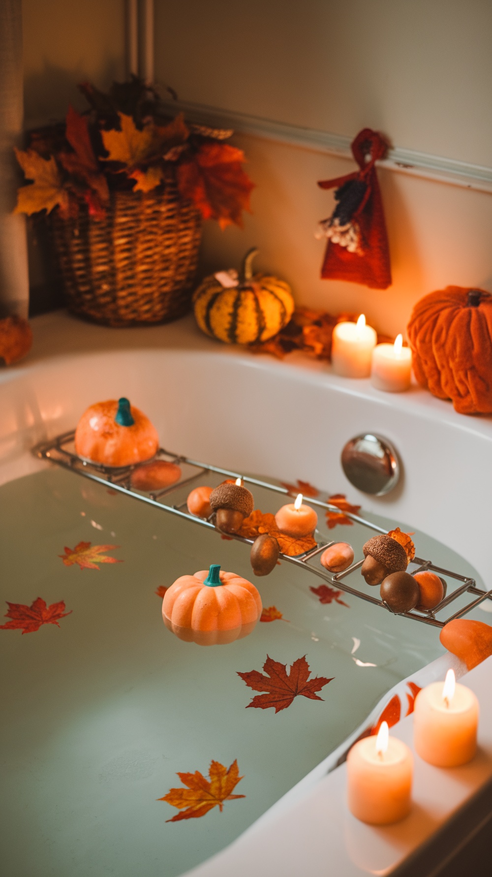A cozy autumn-themed bath with floating pumpkins, leaves, and candles.
