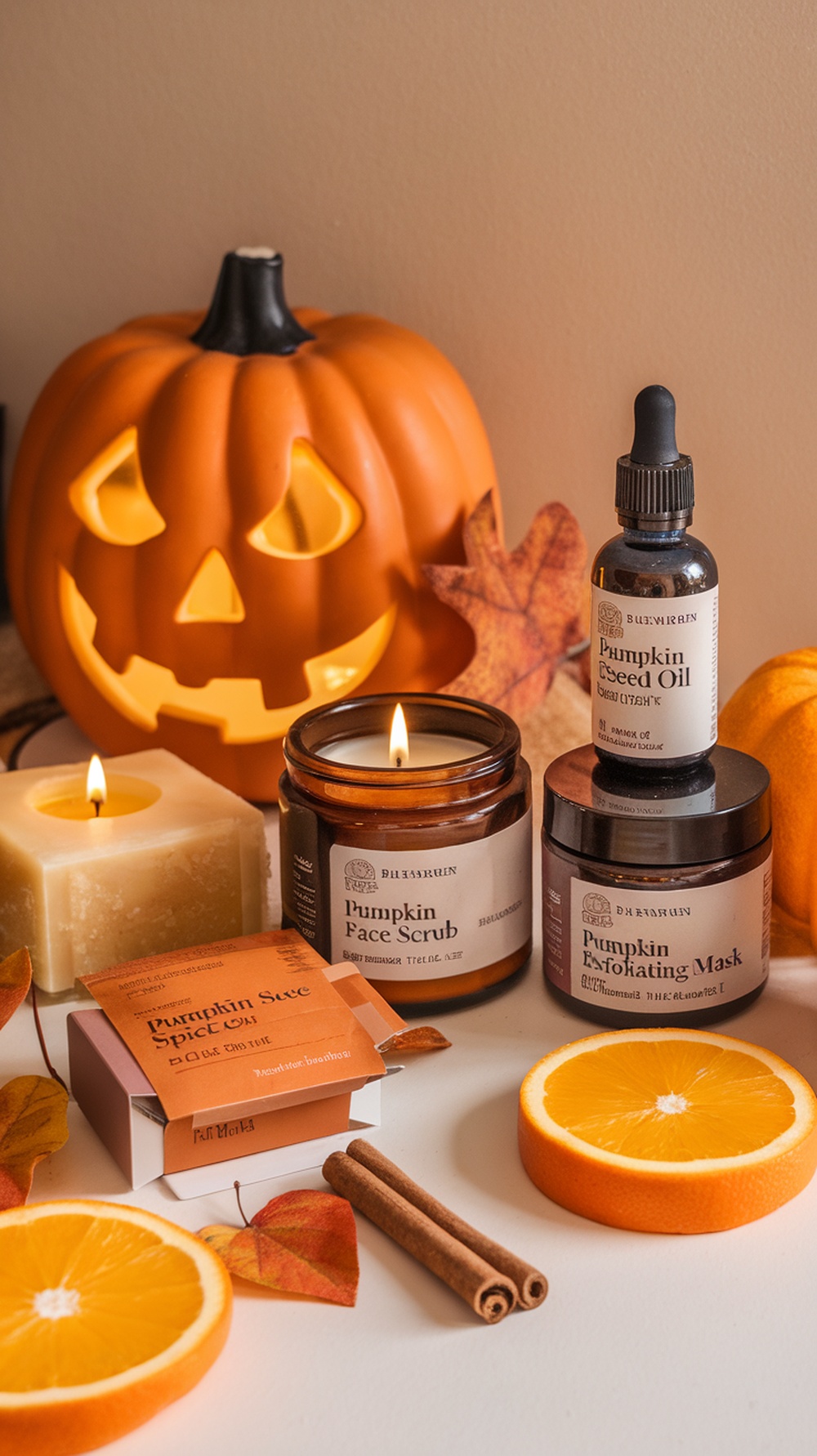 A cozy autumn-themed personal care setup featuring pumpkin skincare products, a candle, and seasonal decorations.