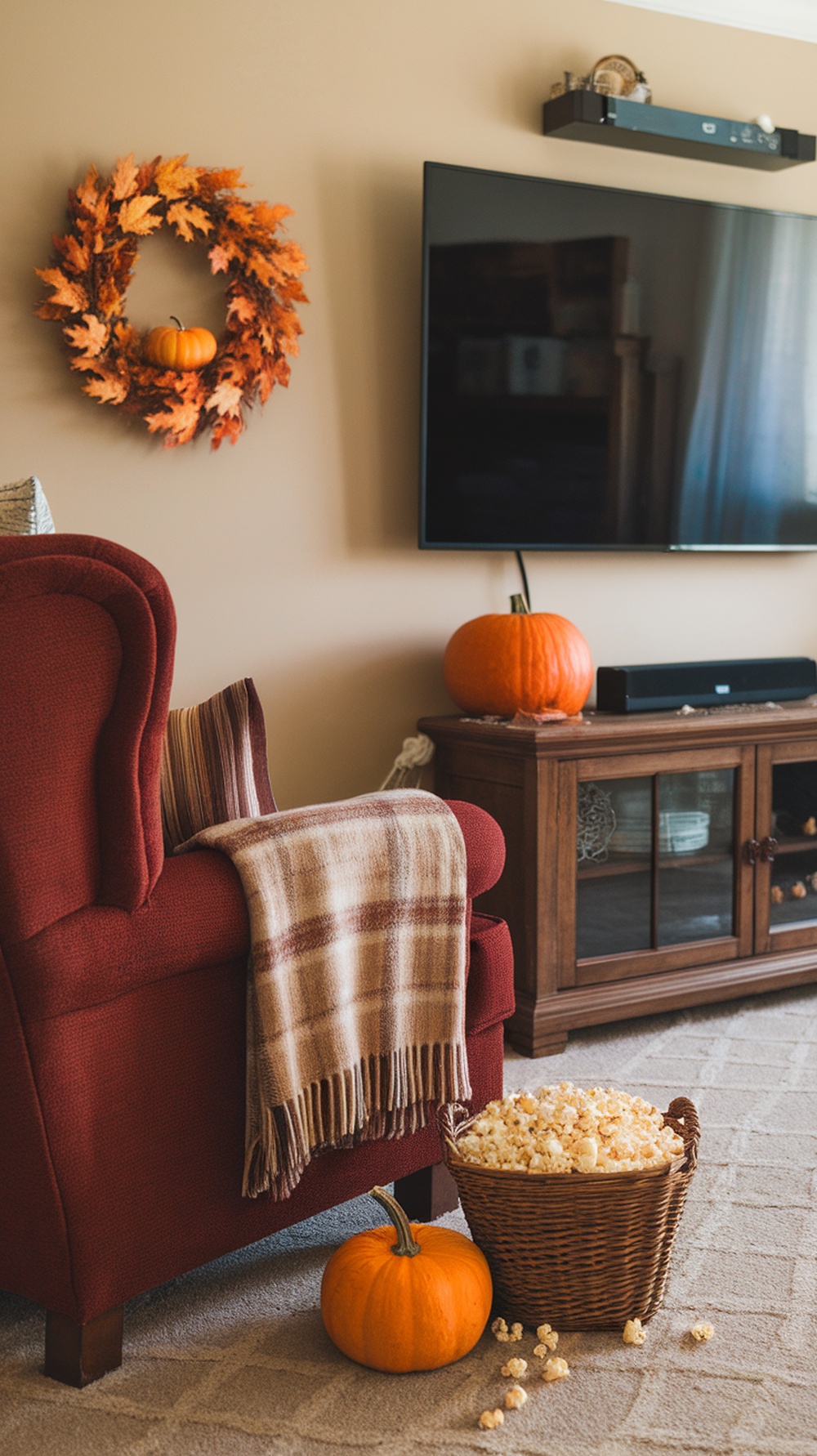 Cozy autumn movie night setup with a red chair, plaid blanket, popcorn basket, and pumpkins.
