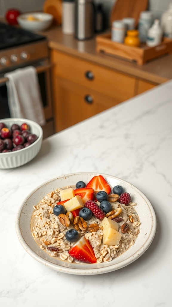 A bowl of oatmeal topped with fresh fruits and nuts on a kitchen countertop.