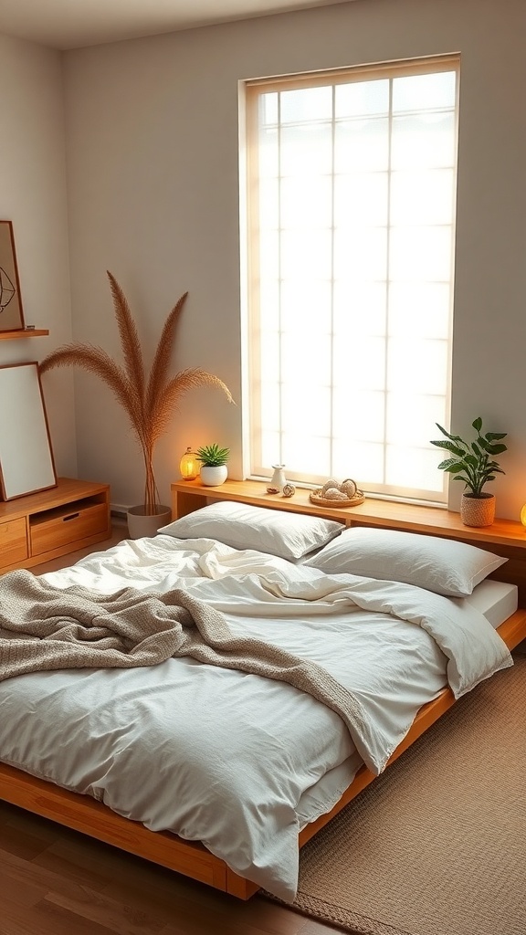 A serene Japandi bedroom featuring a low bed, soft linens, and natural textures.