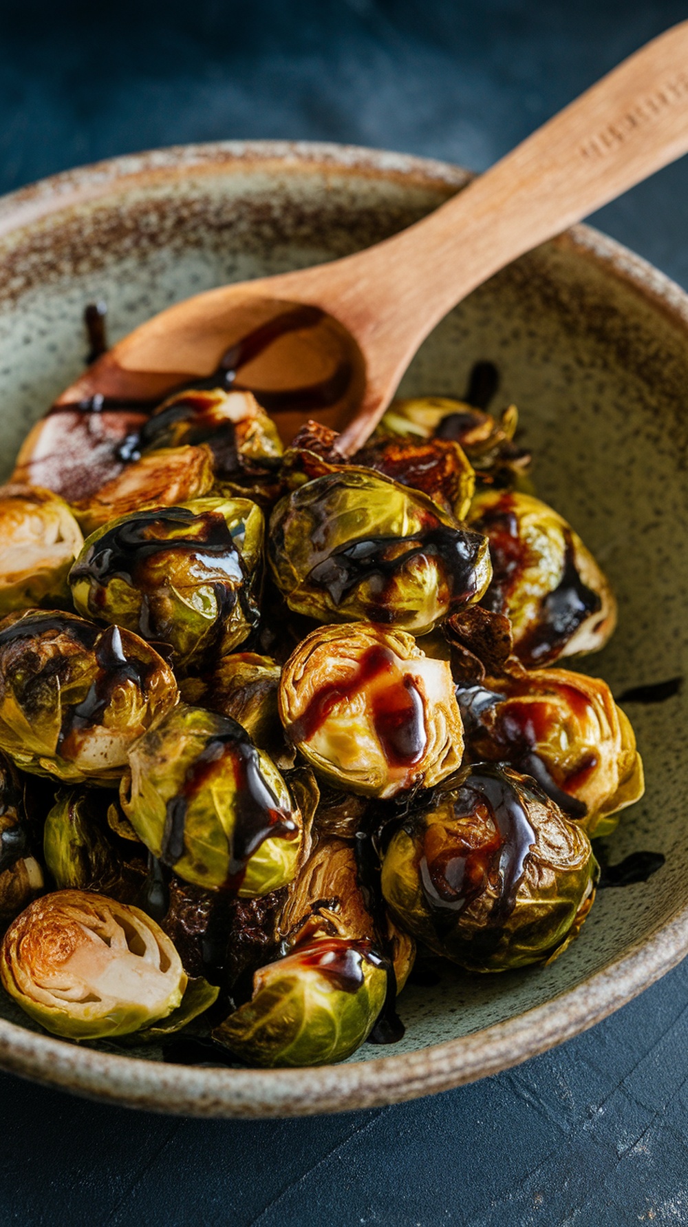 Balsamic glazed Brussels sprouts in a bowl with a wooden spoon.