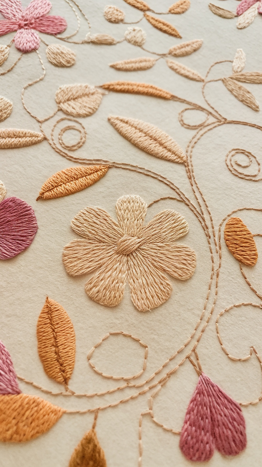 Close-up of paper embroidery featuring flowers and leaves in soft colors.