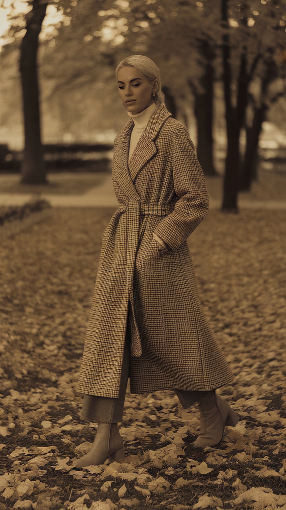 A woman wearing a belted wool coat and ankle boots walking through a park covered in autumn leaves.