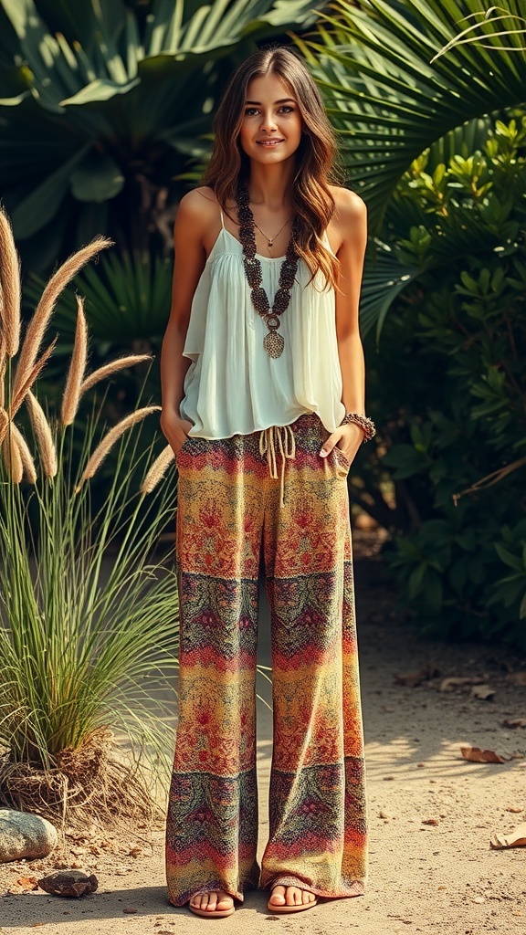 A mannequin dressed in a flowy cream top and brown wide leg pants, set against a natural background.