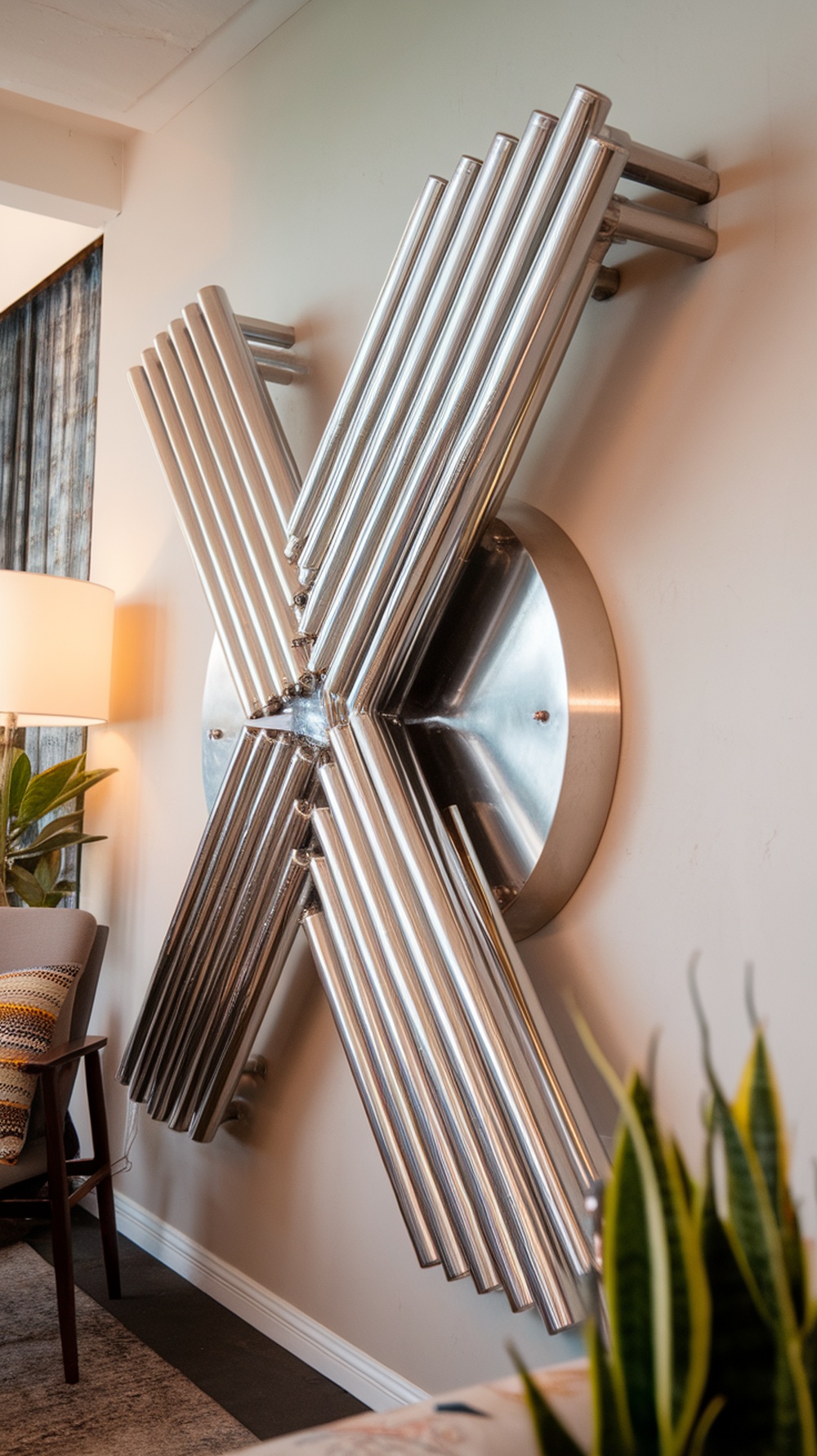 A bold metallic artwork featuring an abstract design with shiny rods arranged in a striking pattern.