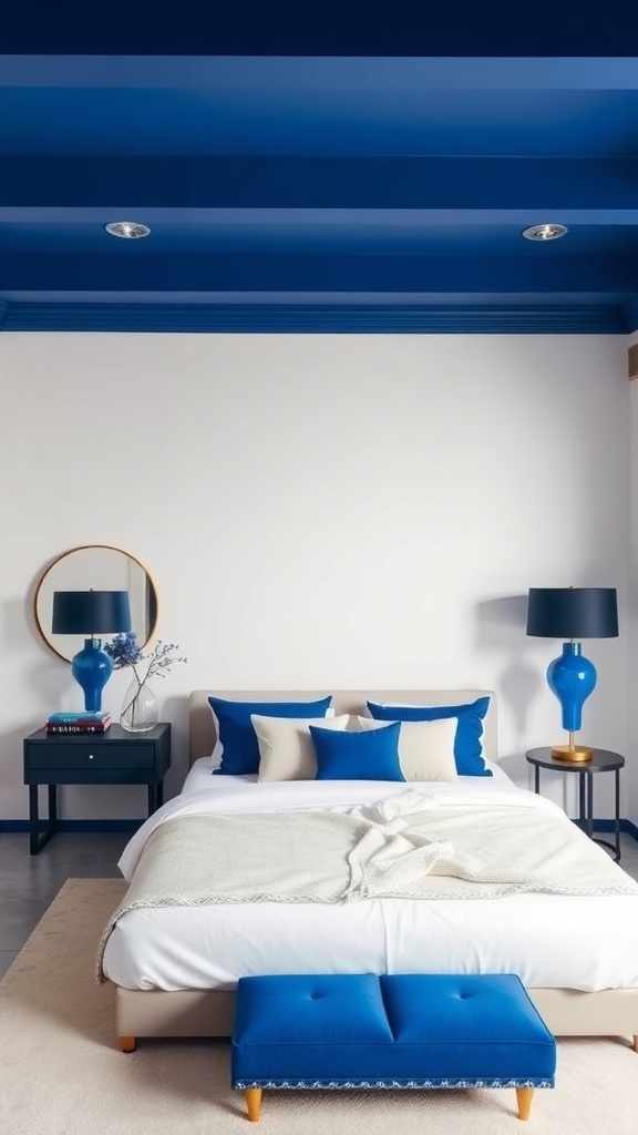 A stylish bedroom featuring bold royal blue accents with white bedding and decor.