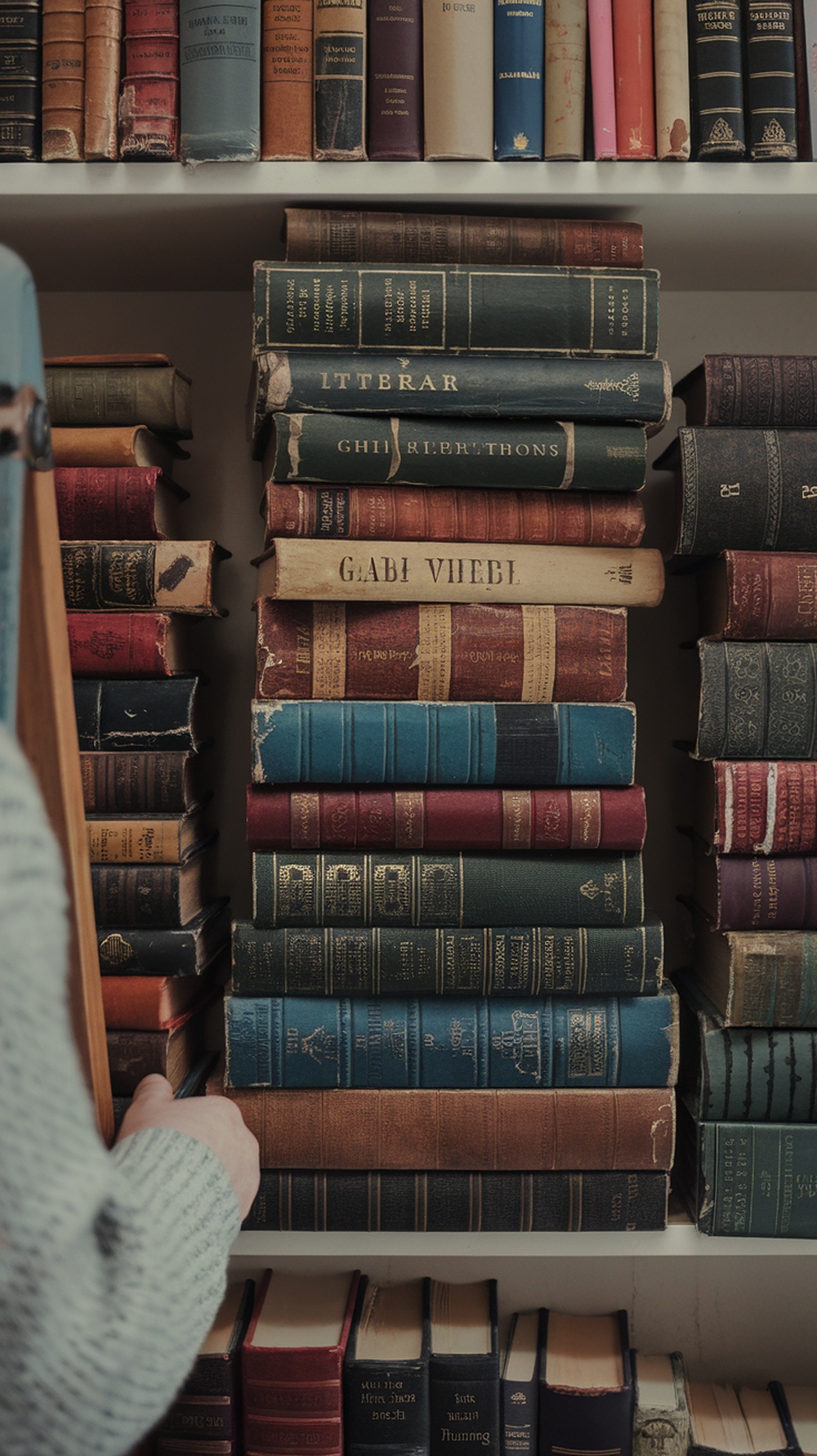 A collection of old books stacked on a shelf, with a hand reaching for one.