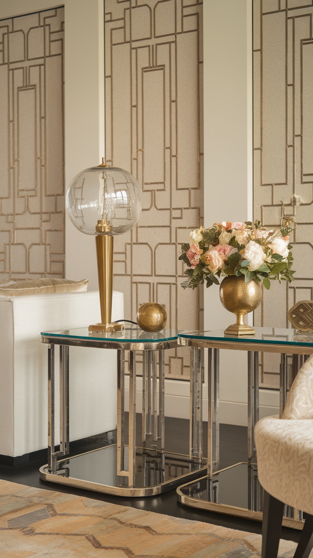 A stylish brass and glass side table with a lamp and floral arrangement in a modern living space.