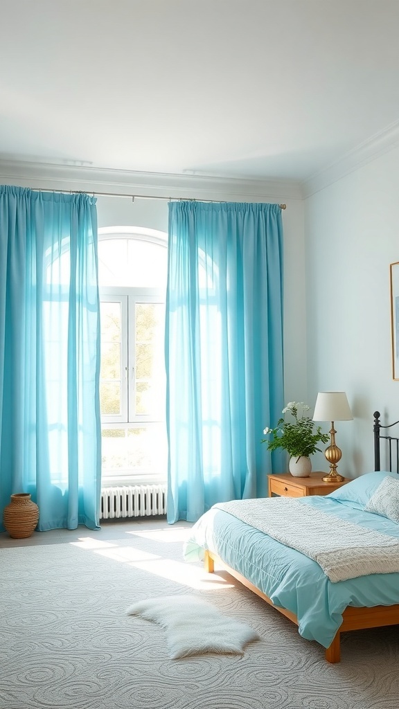 Bright blue sheer curtains in a bedroom with a cozy bed and natural light