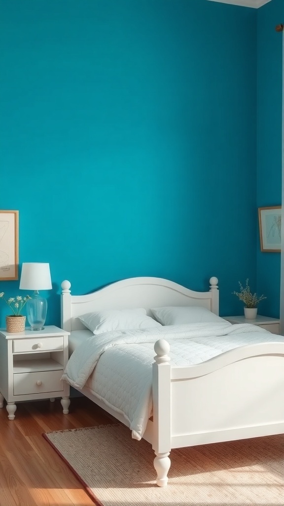 A bright blue accent wall in a bedroom with white furniture and a cozy atmosphere.