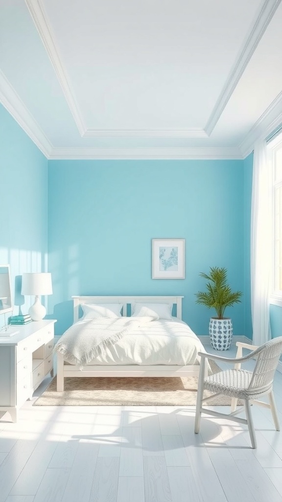 A bright sky blue bedroom with white furniture, featuring a bed, dresser, and a potted plant.
