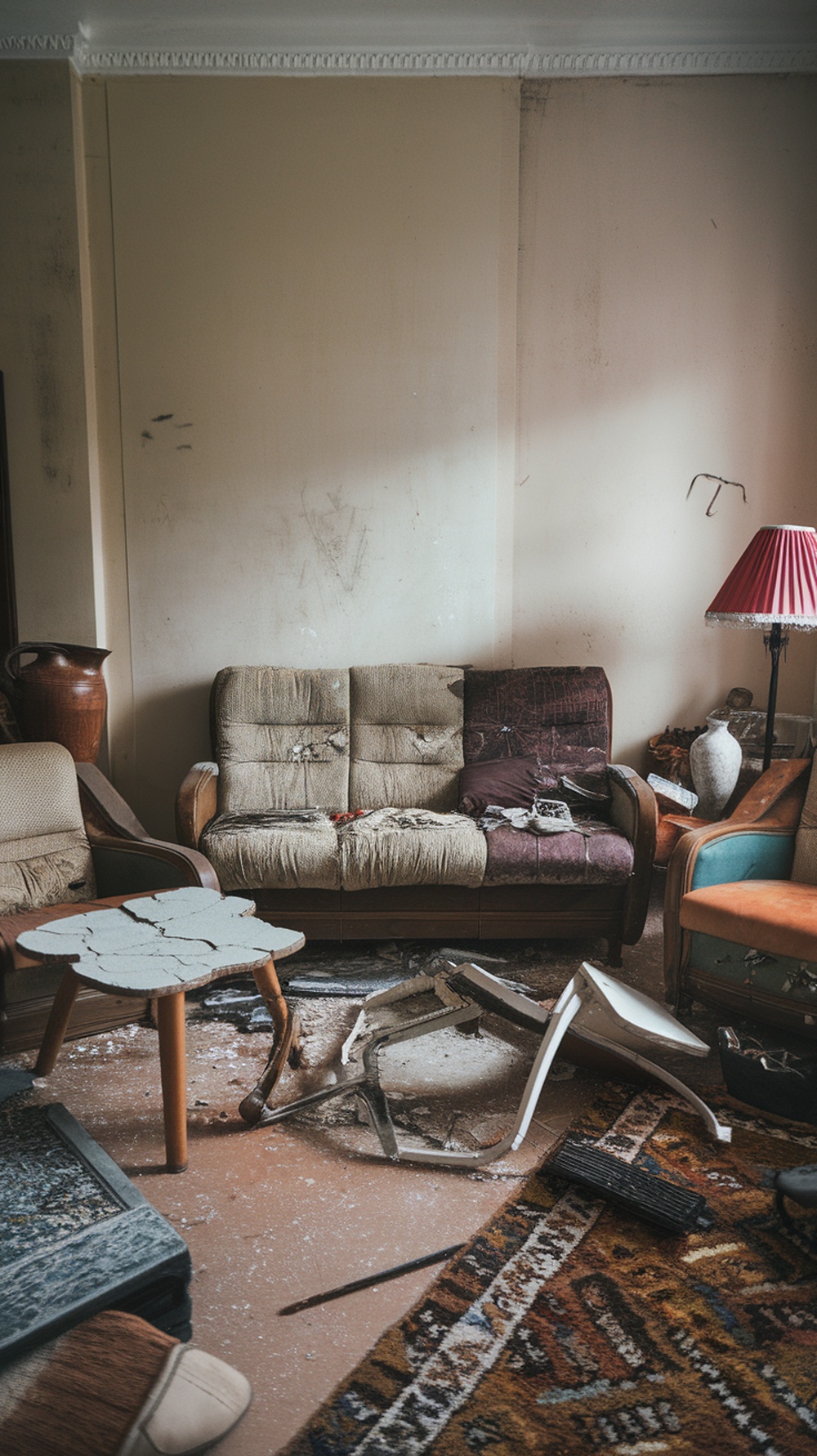 A cluttered room with broken furniture, including a torn couch, a cracked table, and a disorganized floor.