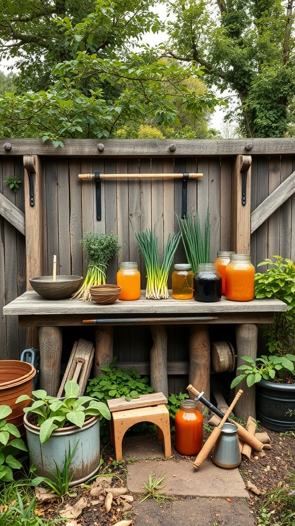 A rustic fermentation station with jars of colorful liquids, fresh herbs, and gardening tools.