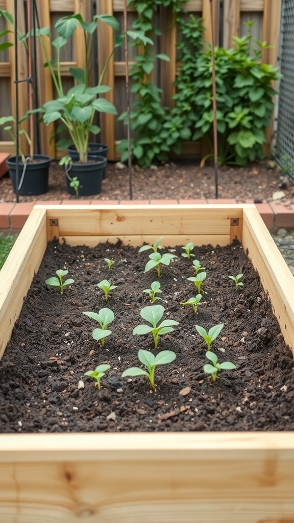 A raised garden bed filled with young plants, surrounded by greenery.