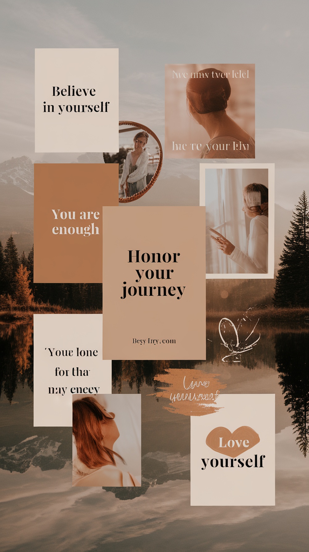 A vision board featuring motivational phrases like 'Believe in yourself', 'You are enough', and 'Honor your journey' against a serene background.