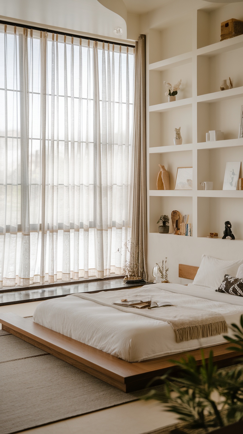 A serene Japandi bedroom featuring sheer curtains that filter natural light, enhancing the calm and minimalist look.