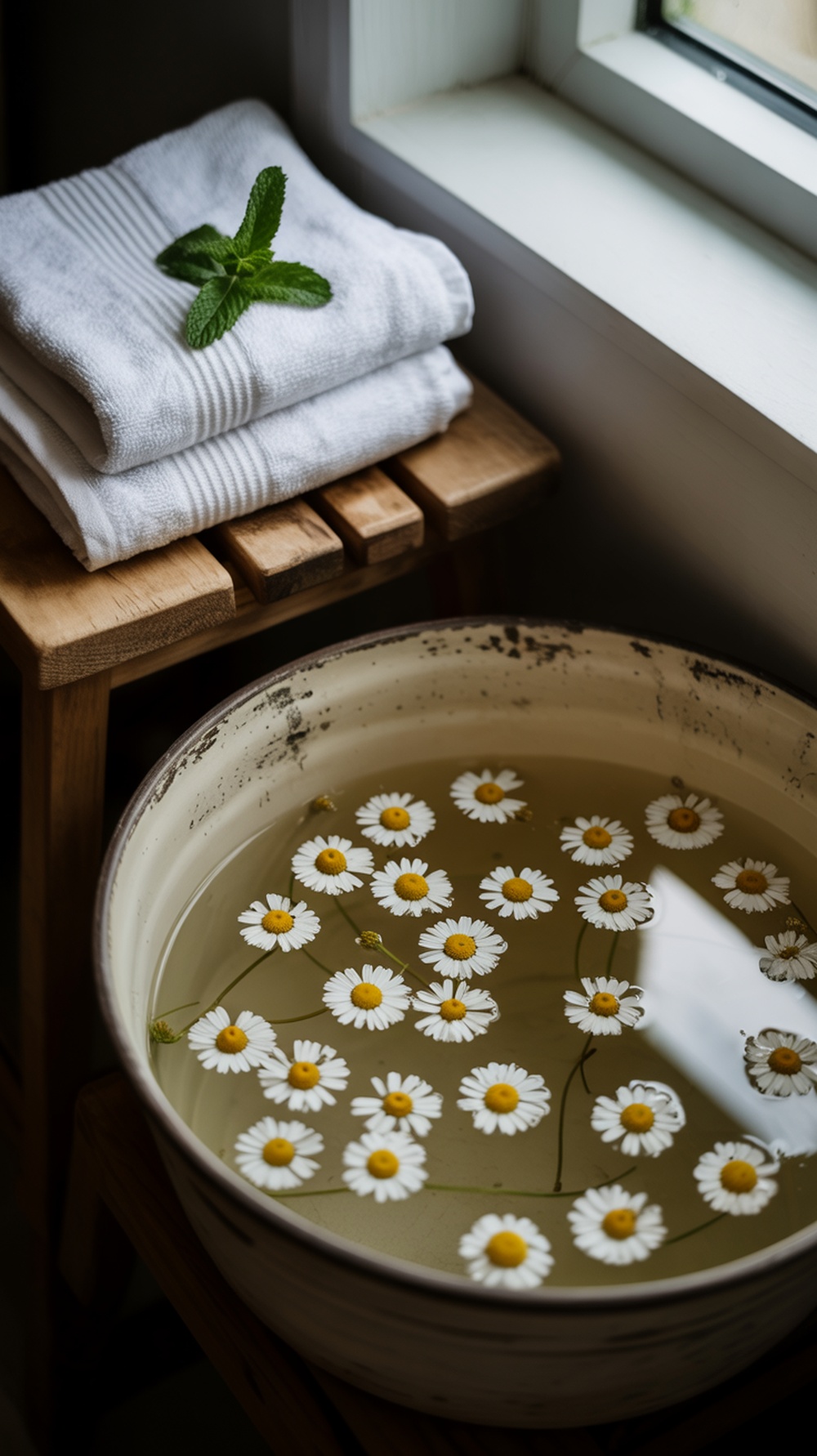 A foot soaking in a bowl of water filled with chamomile flowers, surrounded by soft towels.