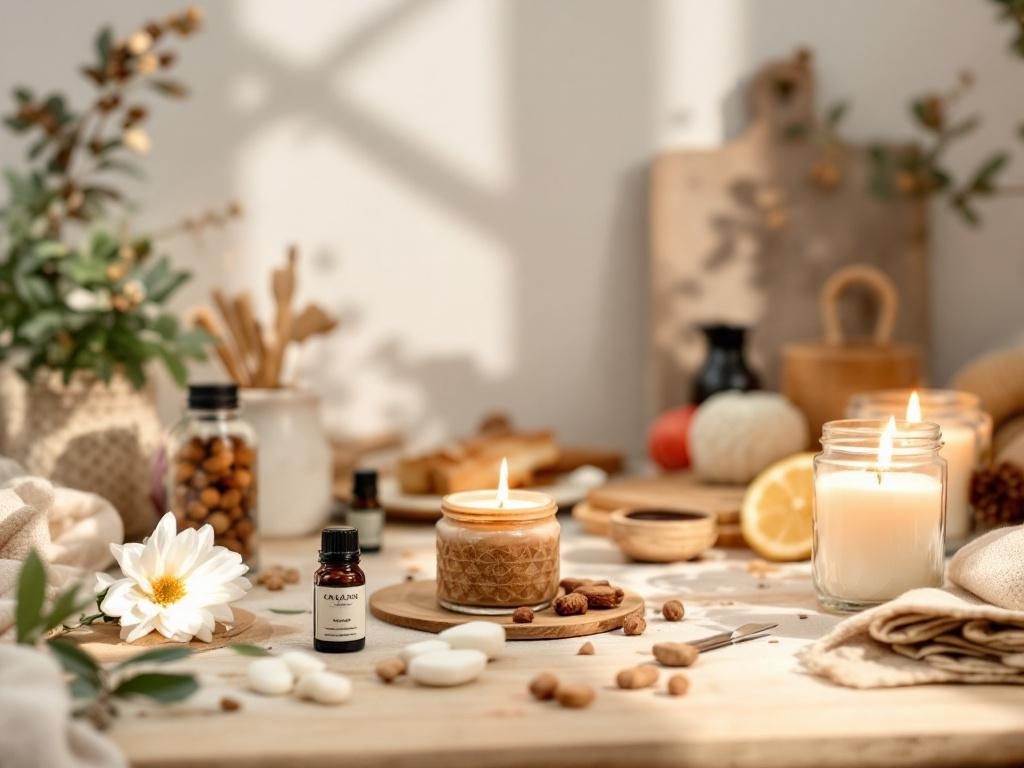 A cozy candle-making setup with essential oils, candles, and natural elements.