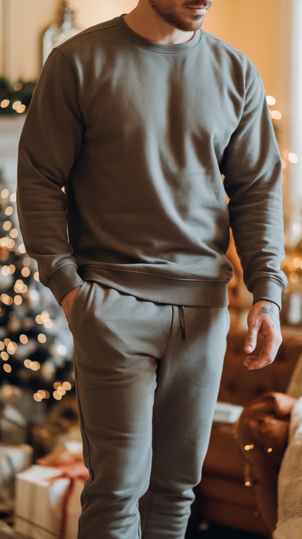 Brown Thanksgiving-themed sweatshirt and sweatpants with a small pumpkin