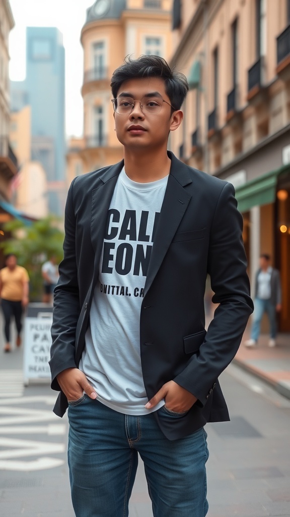 A young man wearing a casual blazer over a graphic tee, standing in a stylish urban setting.