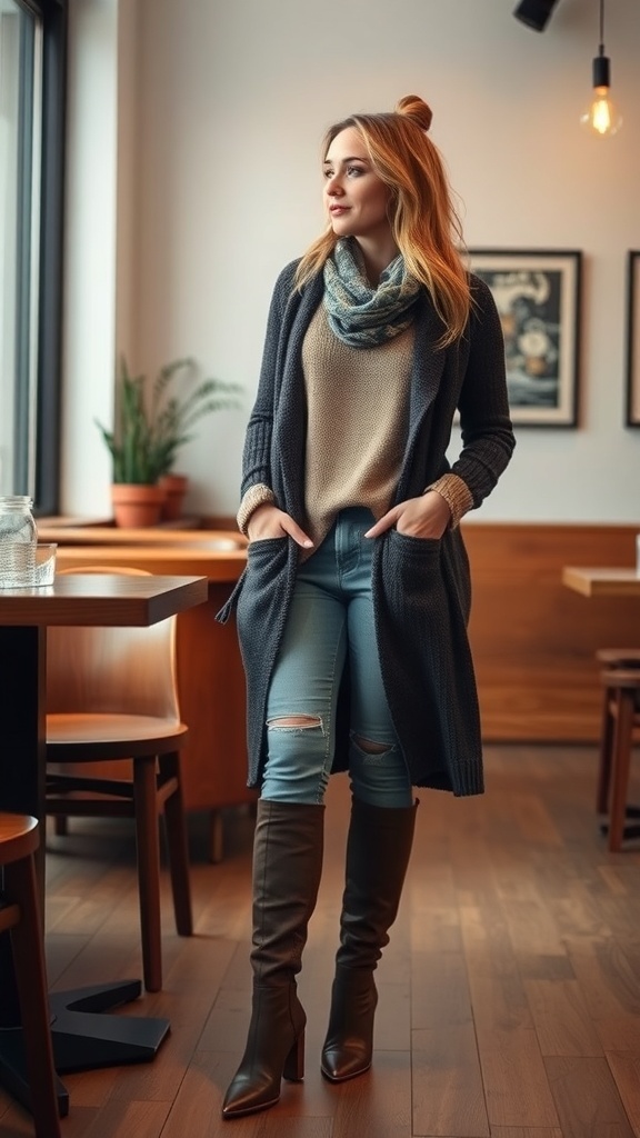 A woman wearing a long cardigan, sweater, ripped jeans, and knee-high boots, standing in a cozy cafe.
