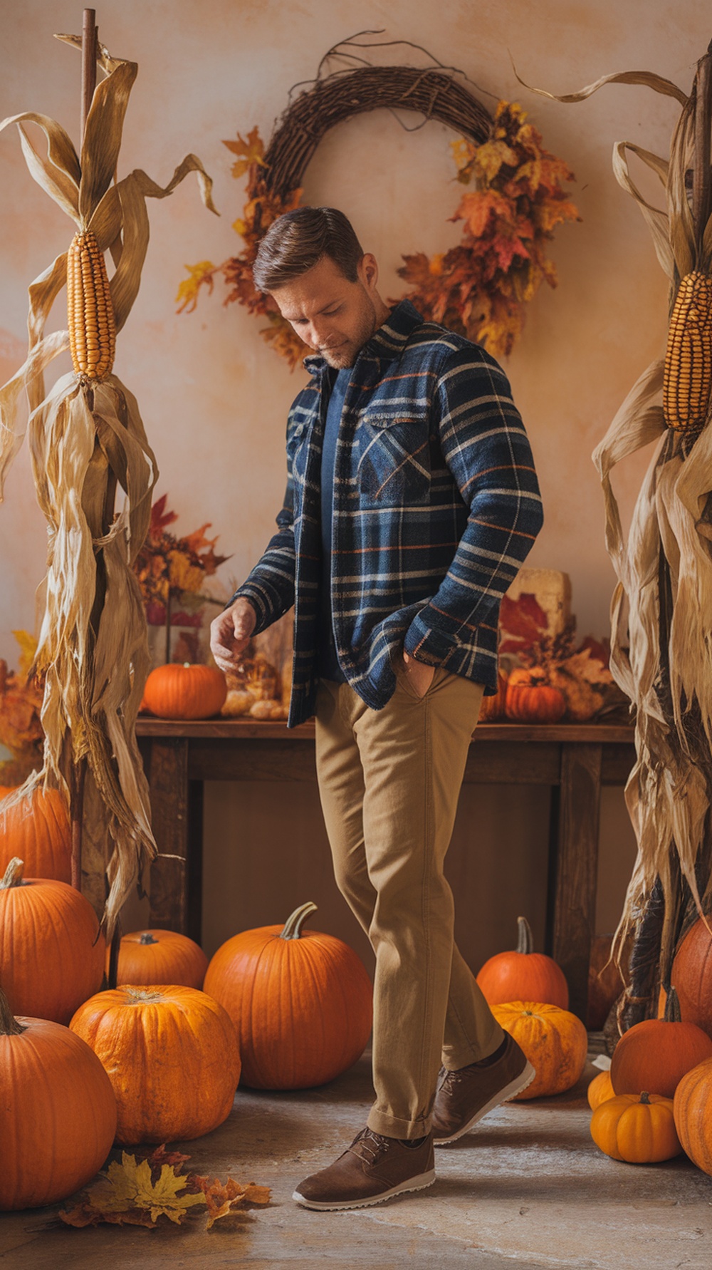 Casual outfit featuring chinos and a flannel shirt, surrounded by autumn decorations.