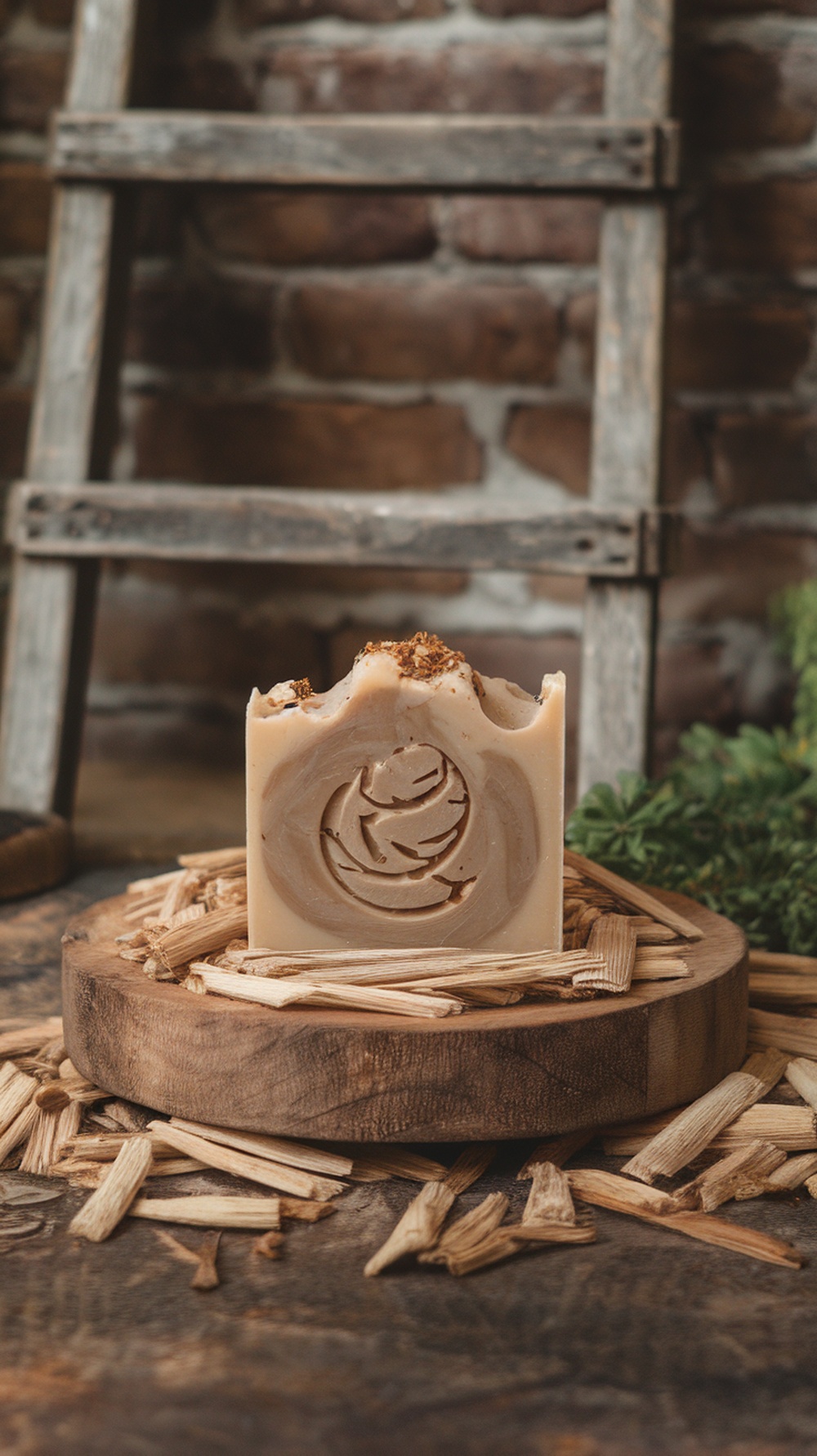 Cedarwood and Vanilla Woodsy Soap on a wooden base with wood shavings
