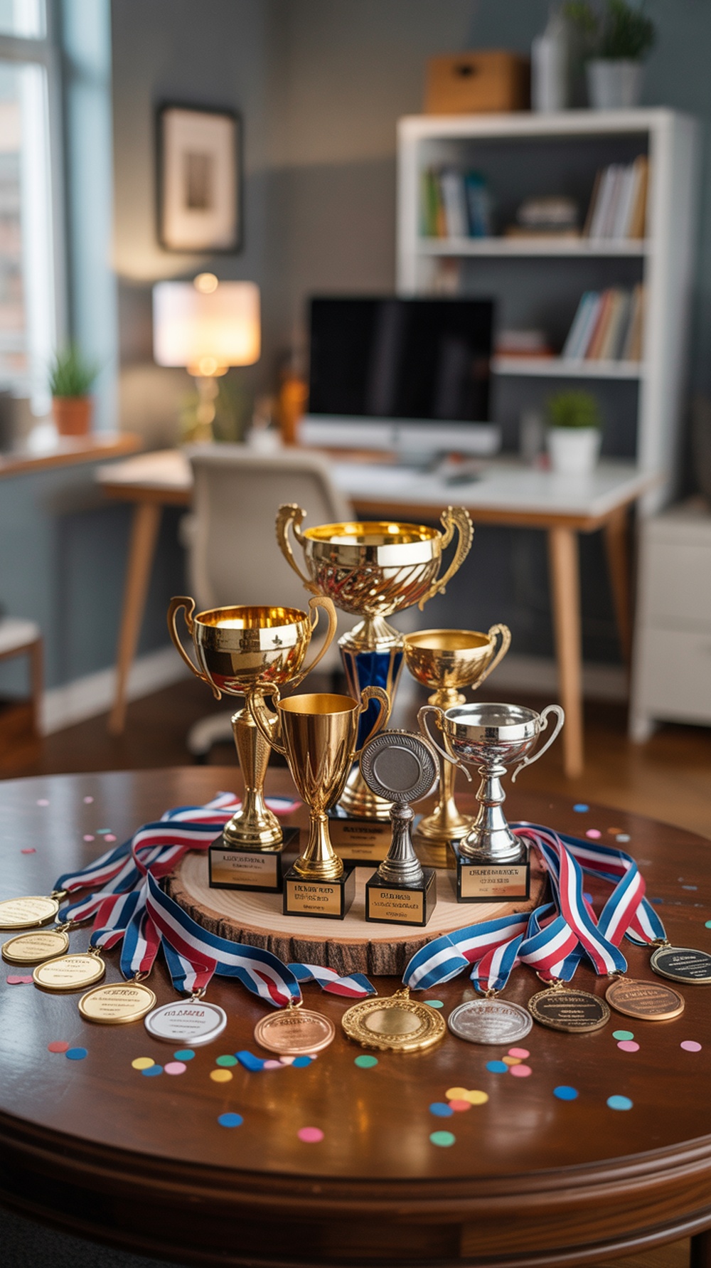 A trophy with ribbons surrounded by celebration photos and awards.