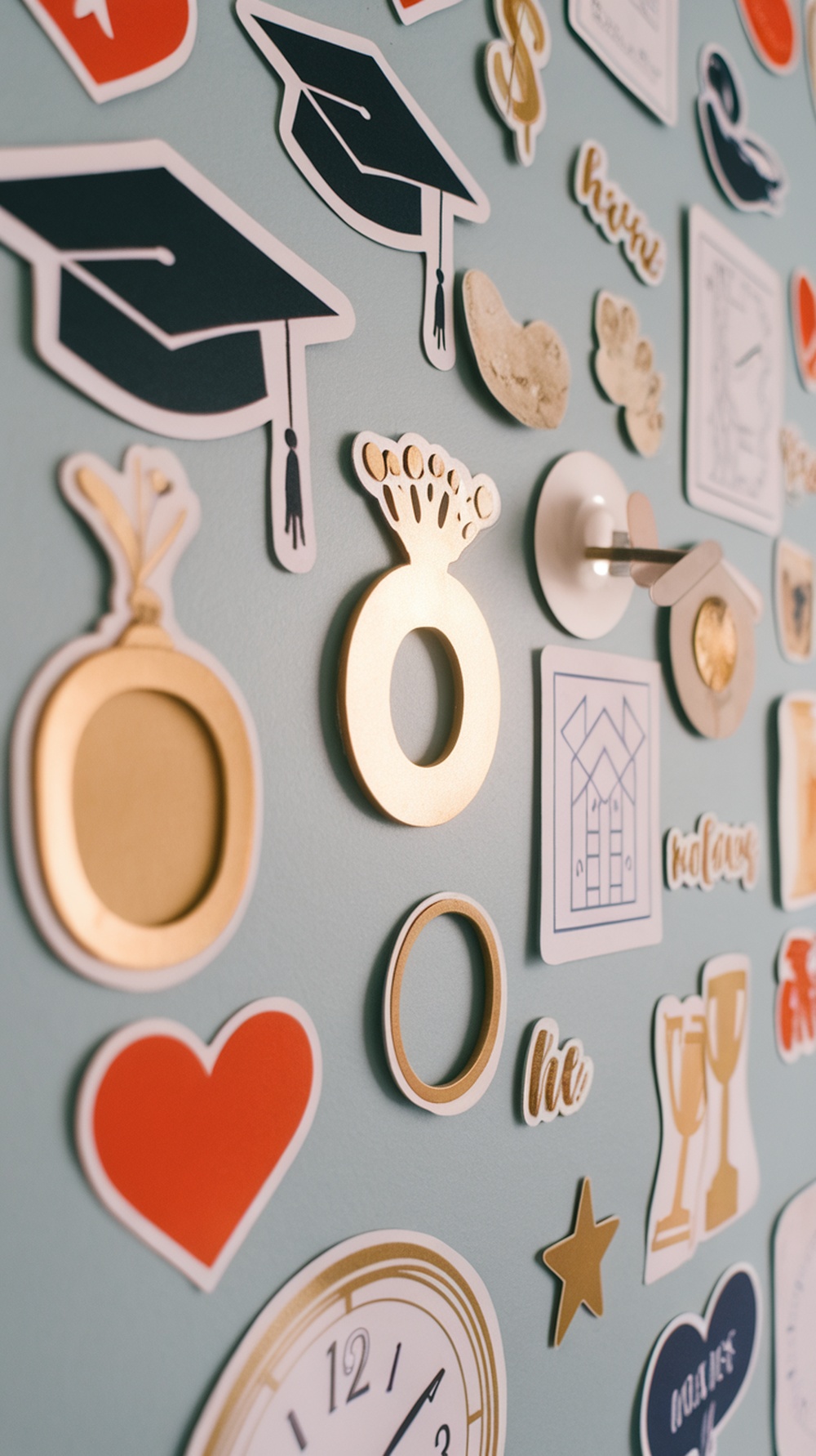 A close-up of a vision board with various stickers representing achievements like graduation and love.
