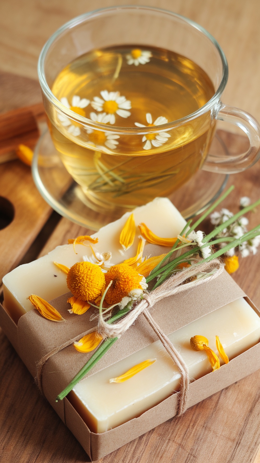 A cup of chamomile tea beside a wrapped bar of chamomile and calendula soap, decorated with flowers.