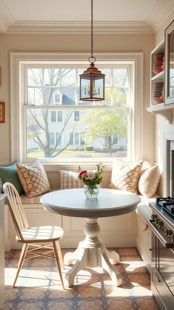 Cozy breakfast nook with a round table, a chair, and a window seat with cushions.