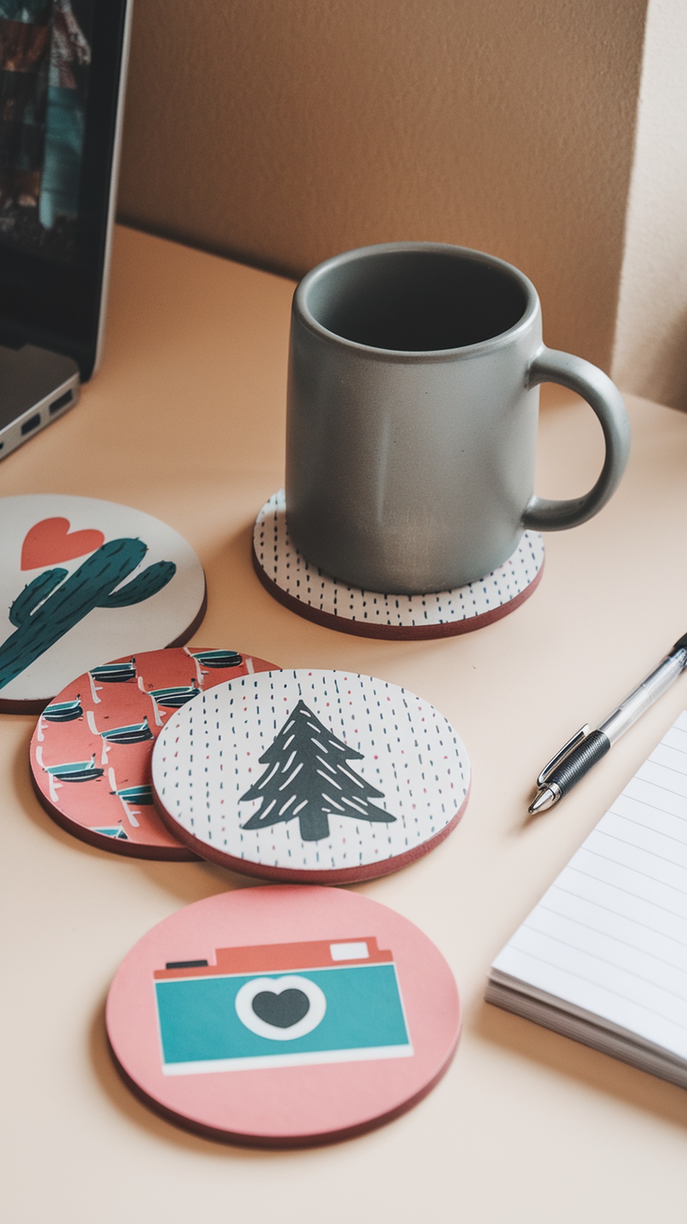 A set of colorful coasters featuring designs like a cactus, a tree, and a camera, placed next to a gray mug on a desk.