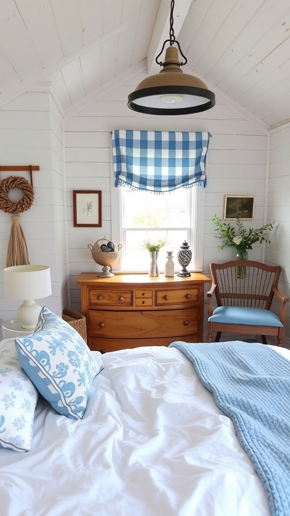 A cozy blue and white bedroom featuring striped bedding, wooden accents, and natural light.