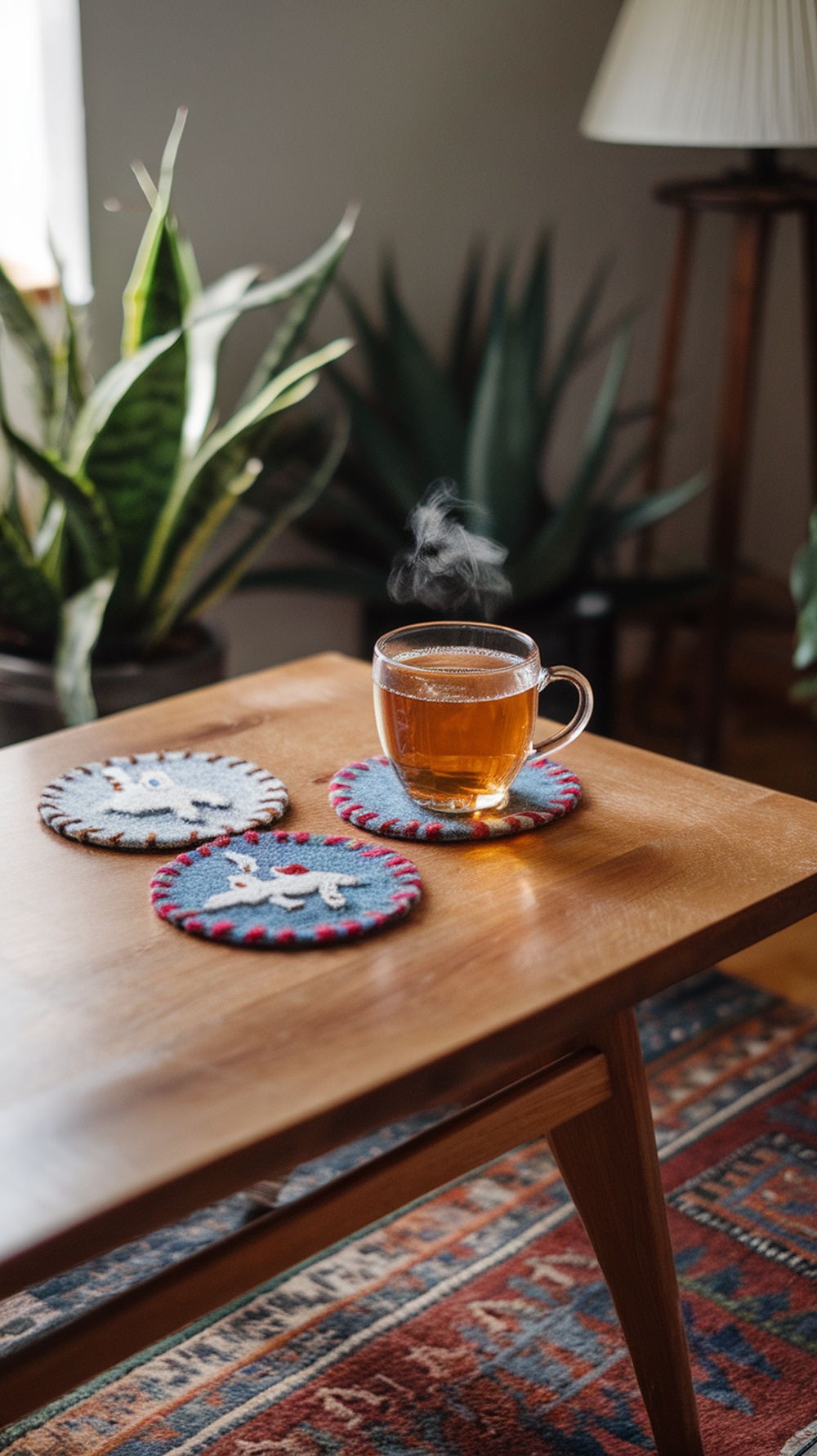 A cozy scene featuring felt coasters under a steaming cup of tea on a wooden table.