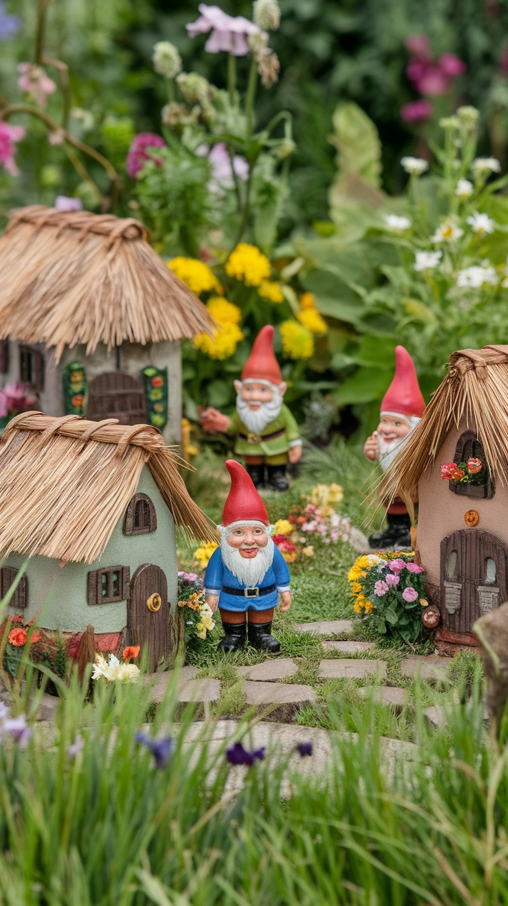 A charming miniature garden gnome village with colorful gnomes and tiny houses surrounded by flowers.