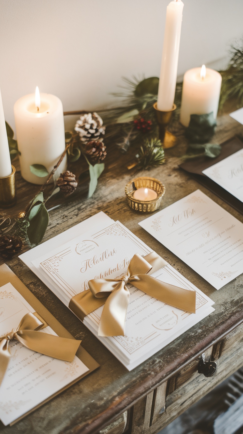 Elegant holiday invitations with bows and candles on a wooden table
