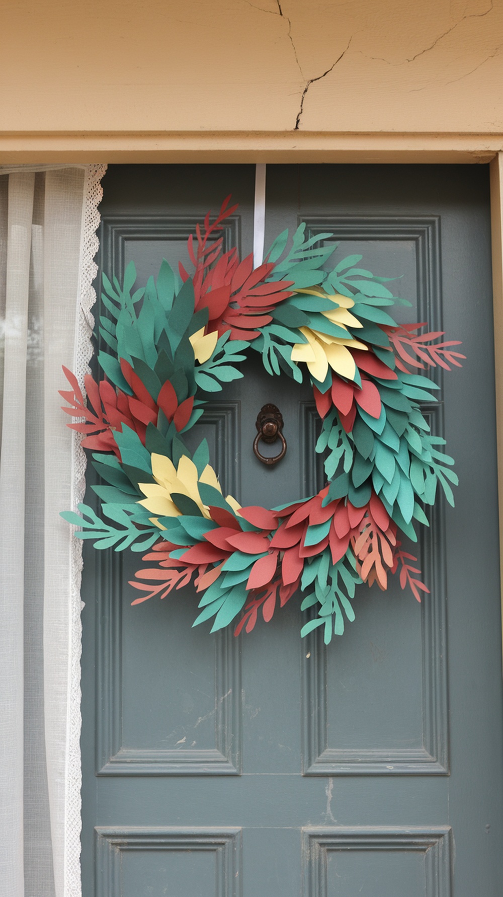 A colorful paper wreath made of green, red, and yellow leaves hanging on a door.