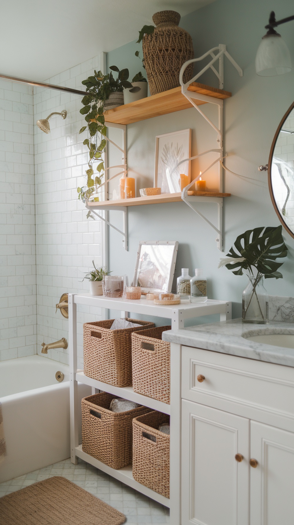 A boho bathroom with open shelving, woven baskets, and plants, creating a spa-like atmosphere.