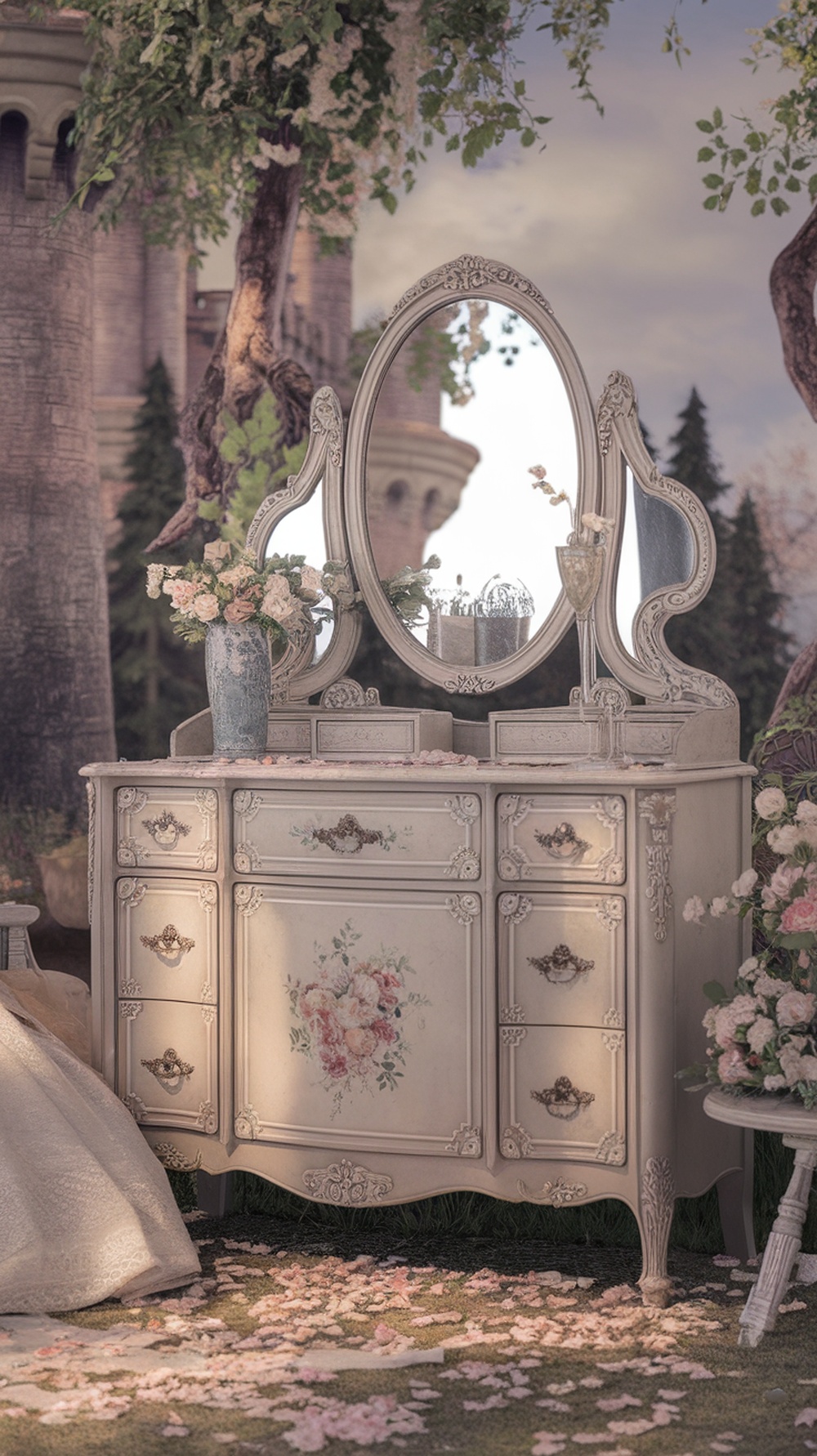 A vintage dresser with floral designs and a large mirror, surrounded by flowers and a fairytale setting.