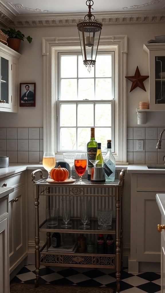 A chic bar cart in a Victorian kitchen, featuring drinks, glasses, and a pumpkin, with white cabinetry and natural light.