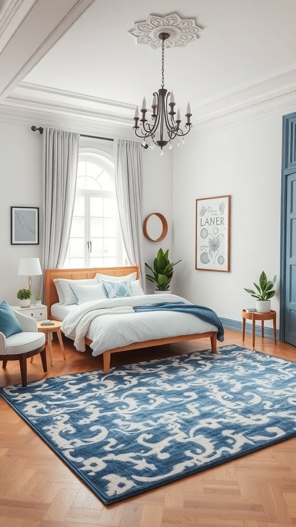 A stylish bedroom featuring a blue and white area rug, wooden furniture, and light curtains.